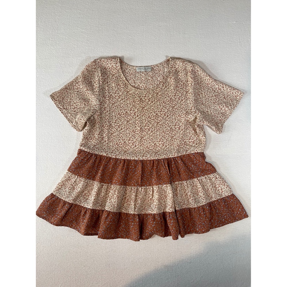 Paper Crane Womens Floral Tiered Babydoll Top Rust Cream Short Sleeve Small